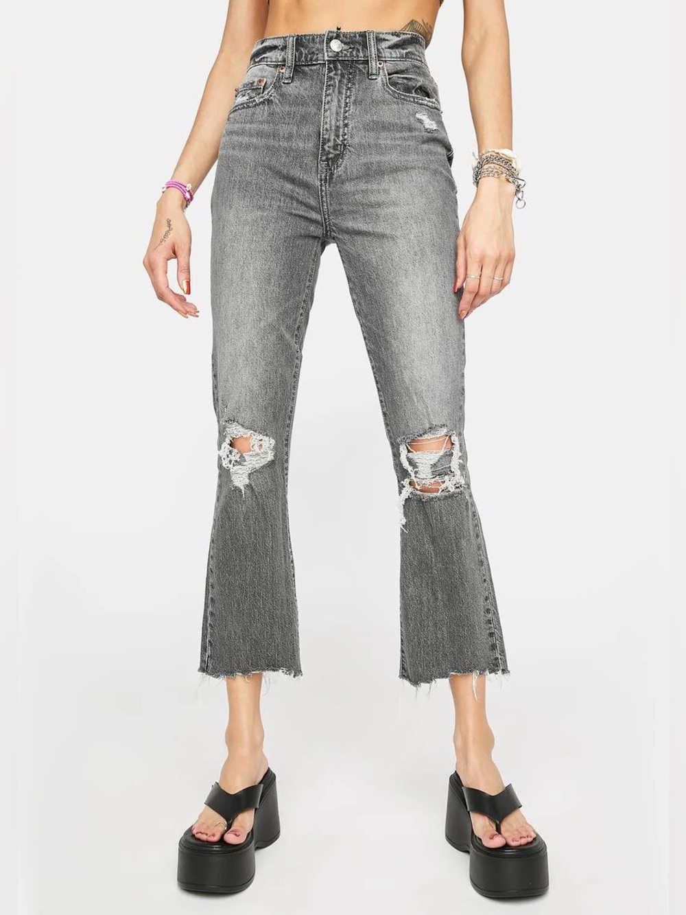 Daze Denim Women's Shy Girl Crop Flare Distressed Dark Gray Jeans Size 0 Grunge